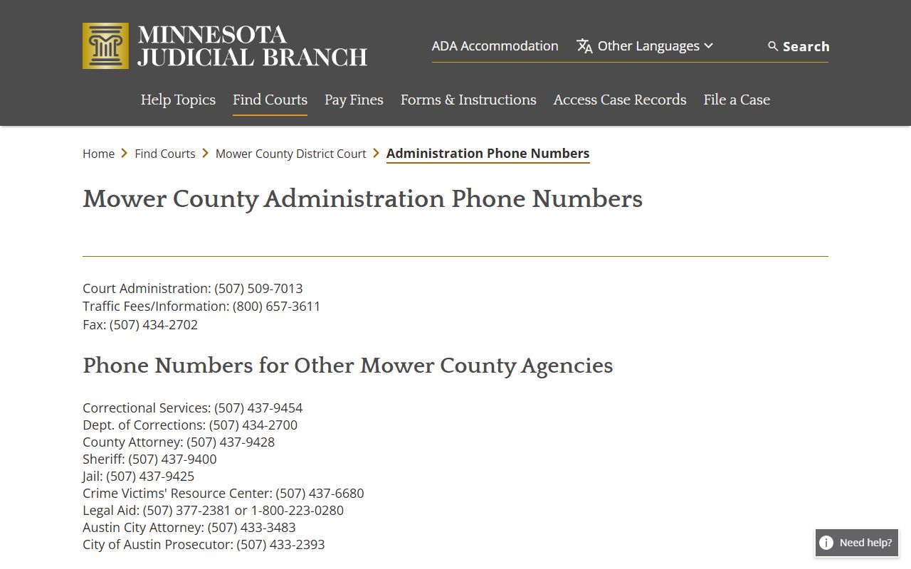 Mower County court dockets court administration contact numbers
