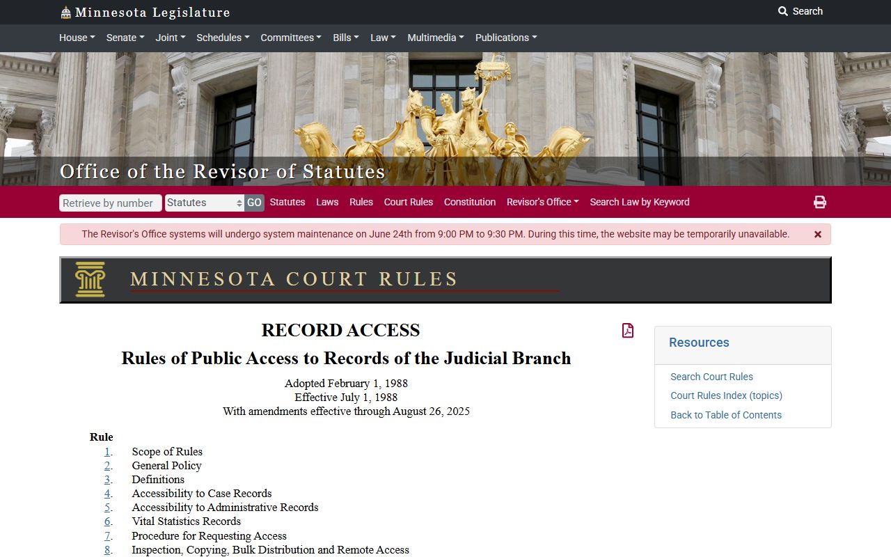 Mower County court records Minnesota Rules of Public Access