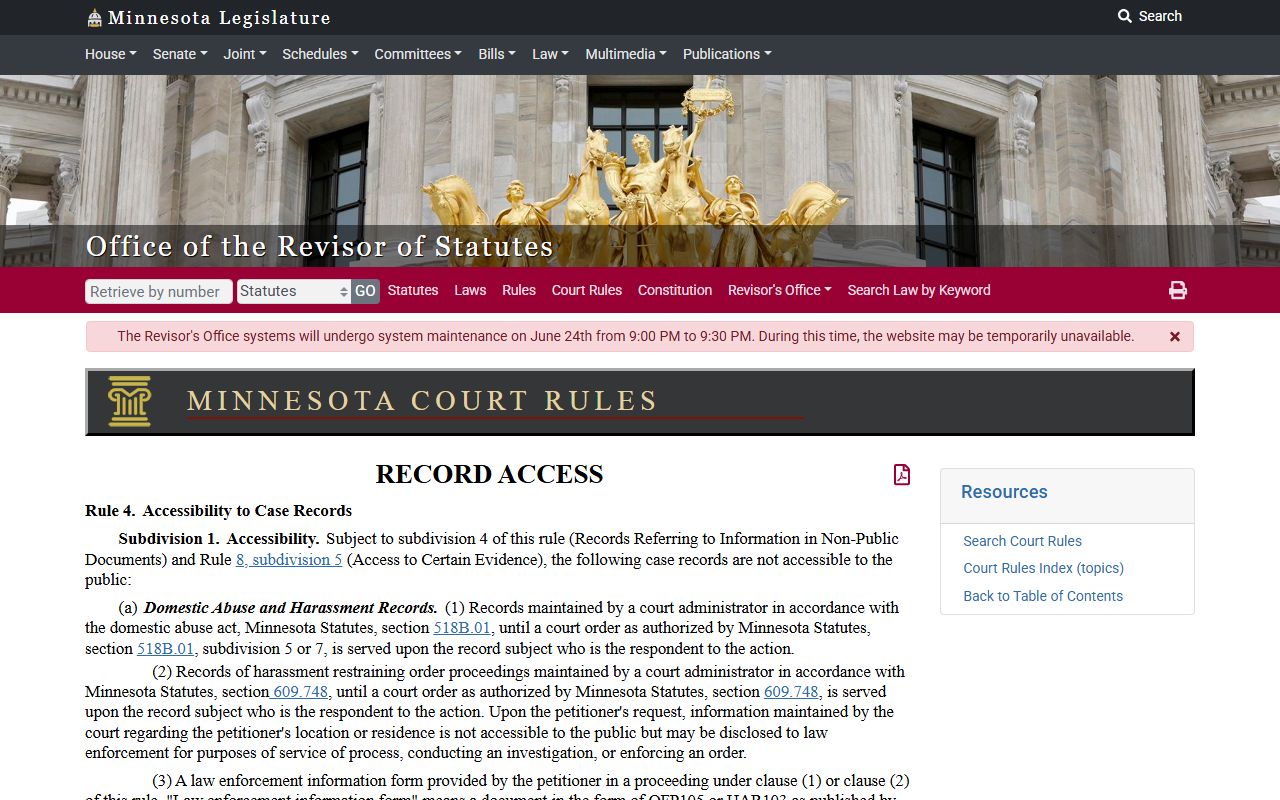 Mower County court records Minnesota public access rule on confidential records