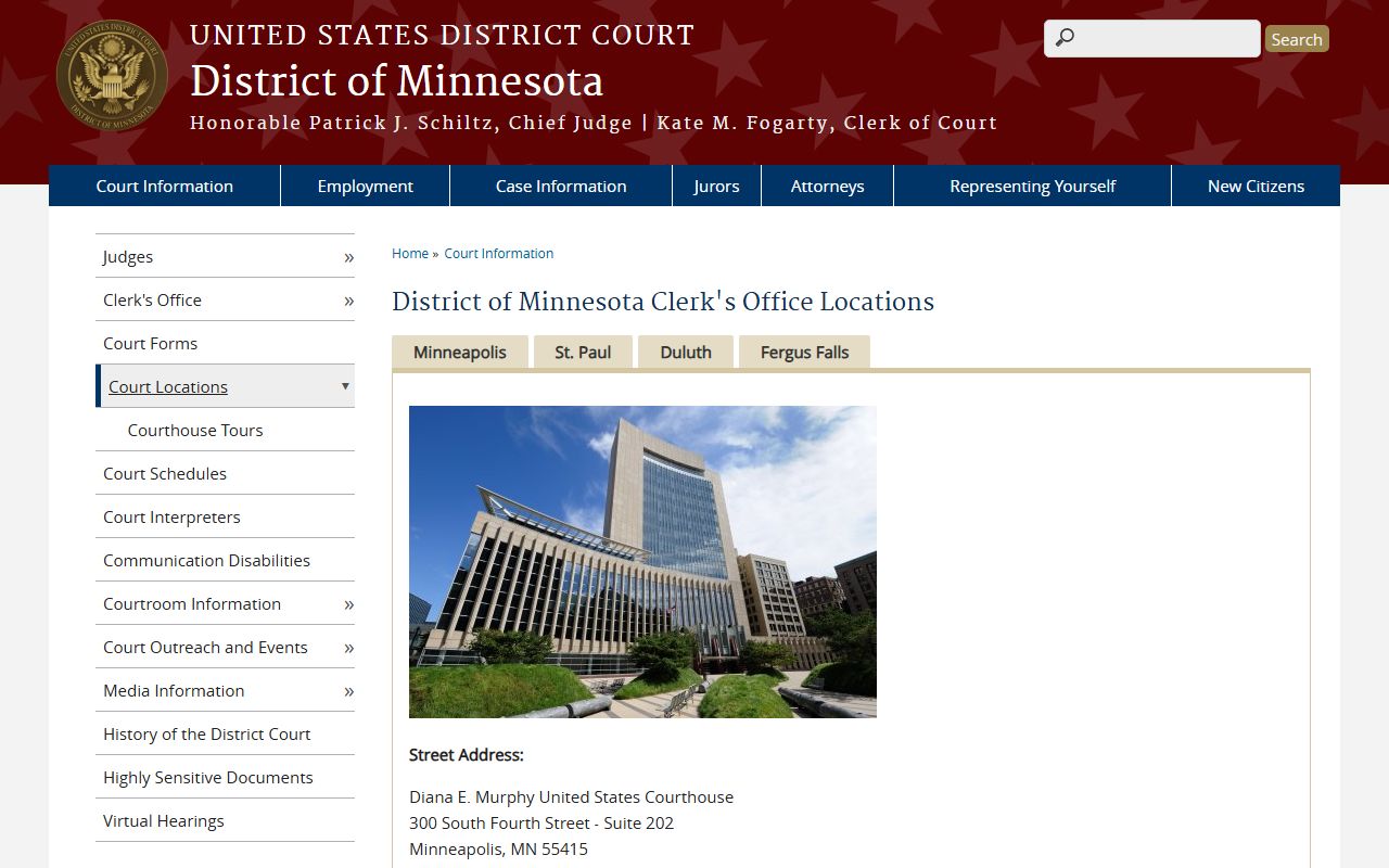 Mower County District Court and District of Minnesota federal courthouse locations