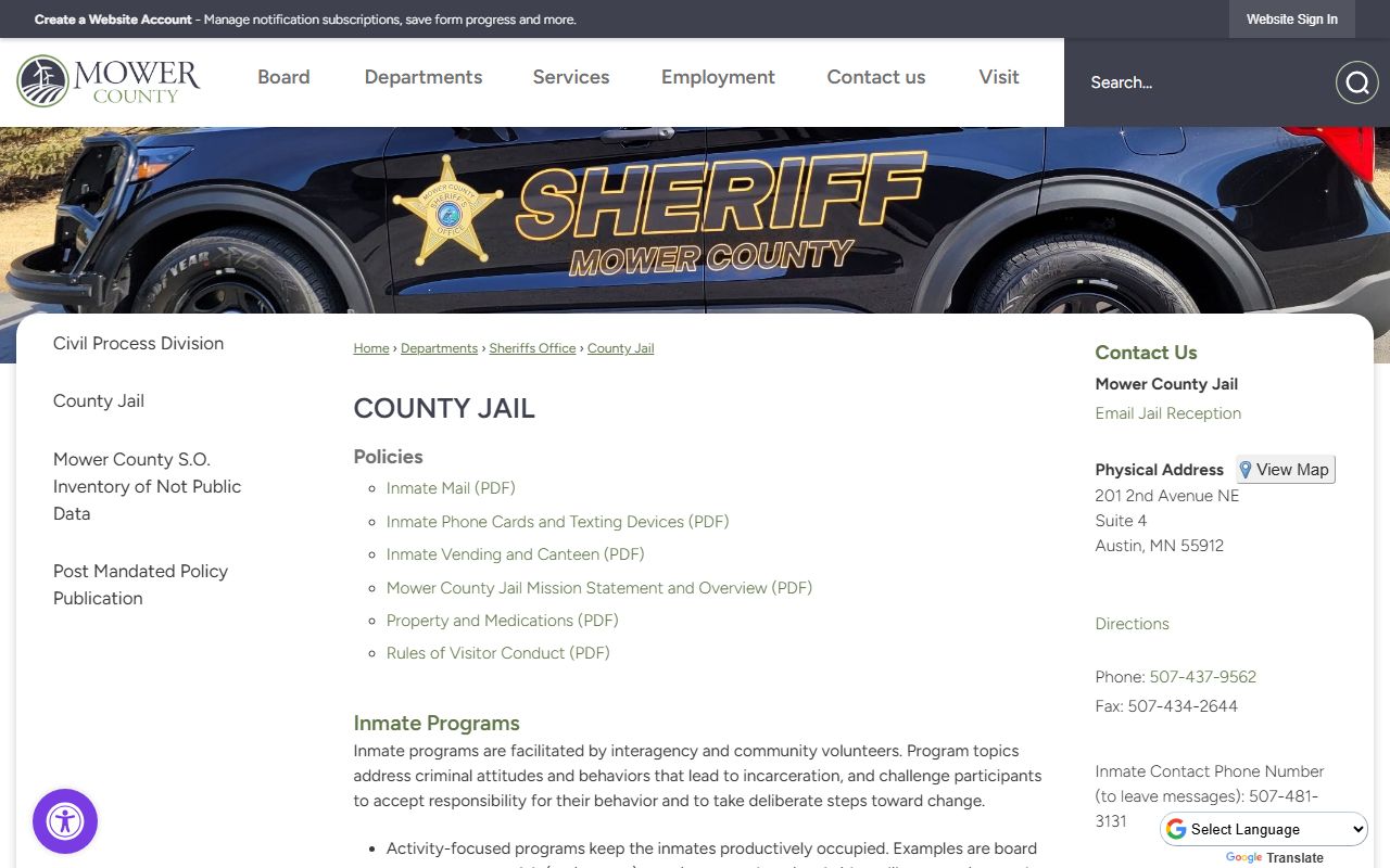 Mower County court records jail roster and jail page