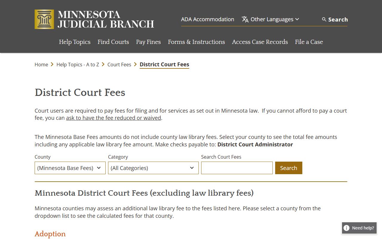 Mower County traffic court records Minnesota District Court fee schedule